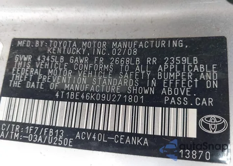 2009 Toyota Camry Le из США, поврежденный, VIN 4T1BE46K09U271801